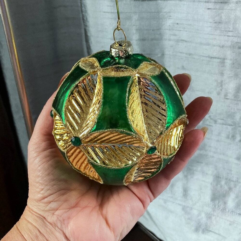 Hanging Hand Blown Glass Ornament, Green, Gold, Glitter & Gems, Holiday, 4" dia.